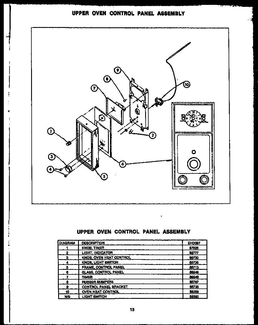 Caloric EHD267 upper oven control panel assembly (ehd397) diagram
