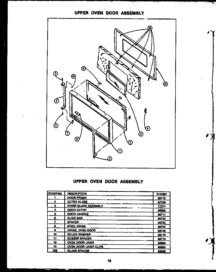 Caloric EHD267 upper oven door assembly (ehd397) diagram