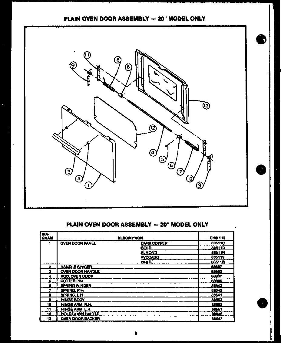 Caloric EHB112 plain oven door assembly - 20" model only (ehb112) diagram