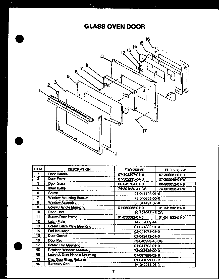 Modern Maid FDO-250-2D glass oven door diagram