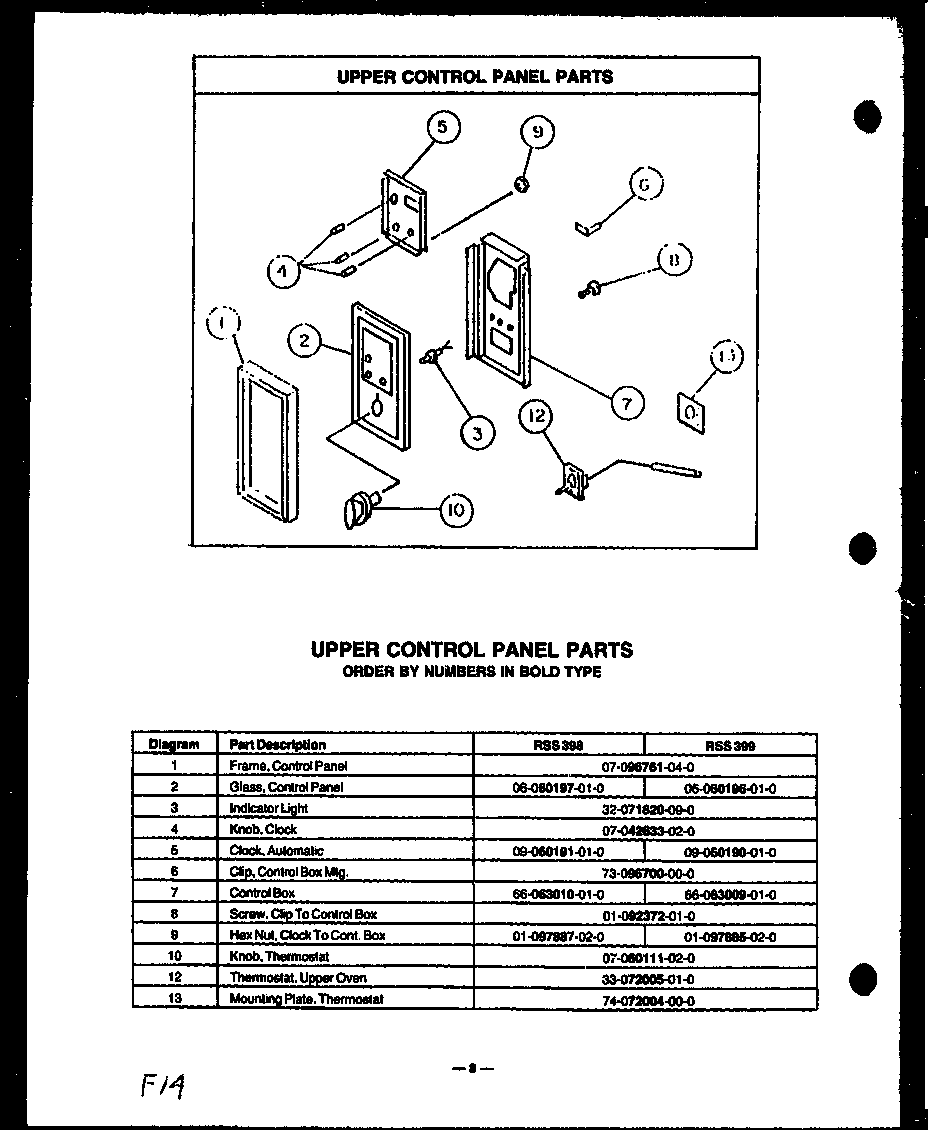 Caloric RSS398 upper control panel parts (rss398) (rss399) diagram