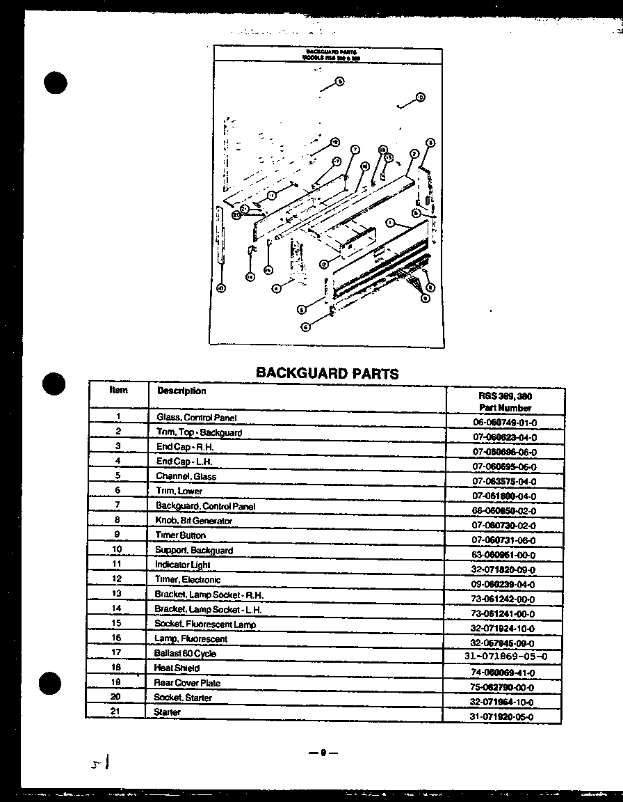 Caloric RSS398 backguard parts models rss 369 & 380 (rss369) (rss380) diagram