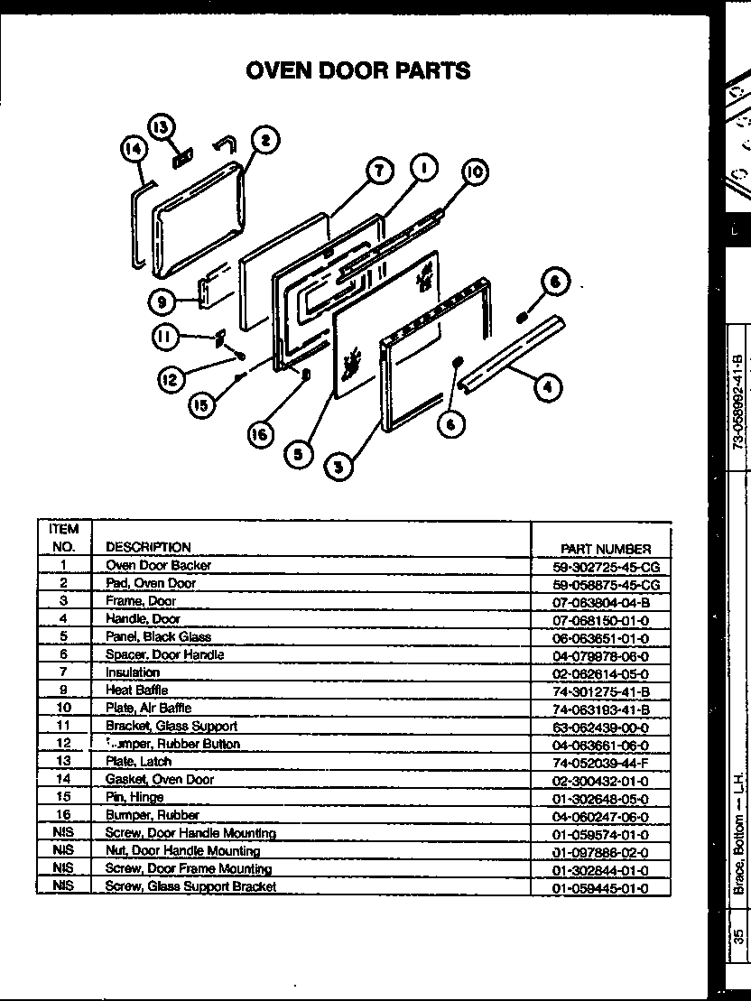 Caloric RSS343 oven door parts diagram