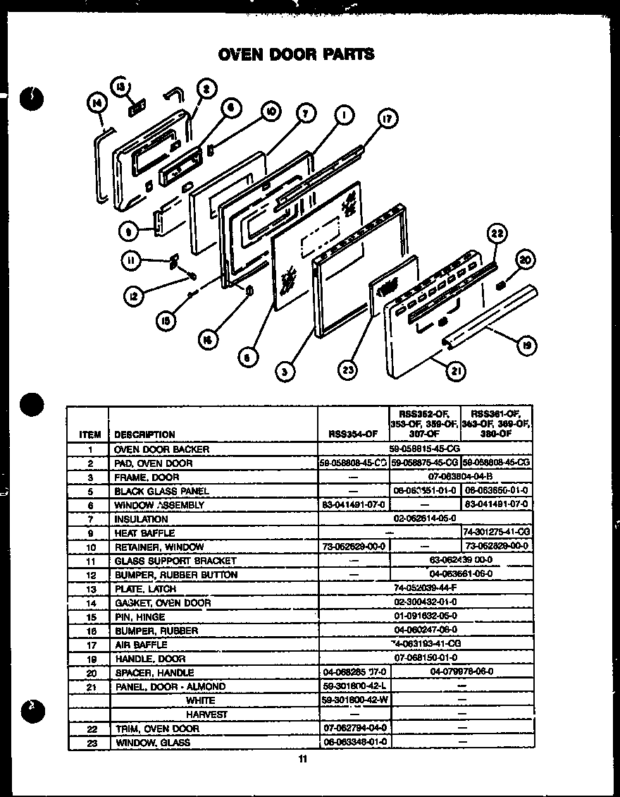 Caloric RSS353-OF oven door parts diagram