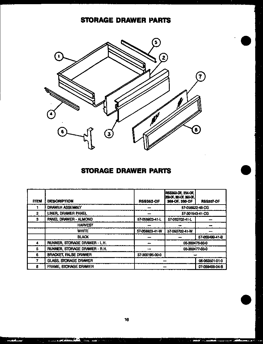 Caloric RSS353-OF storage drawer parts diagram