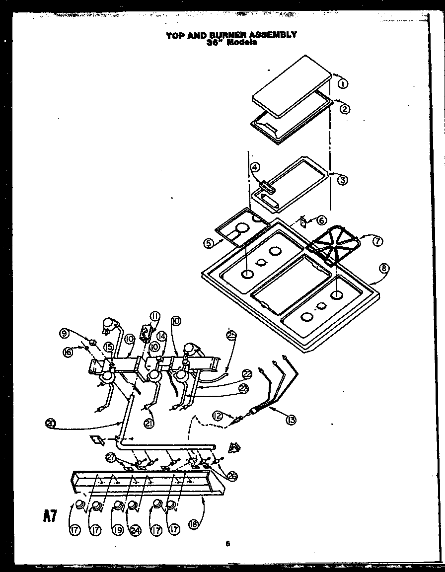 Caloric RLD351 top and burner assembly 36" models (rld340) diagram