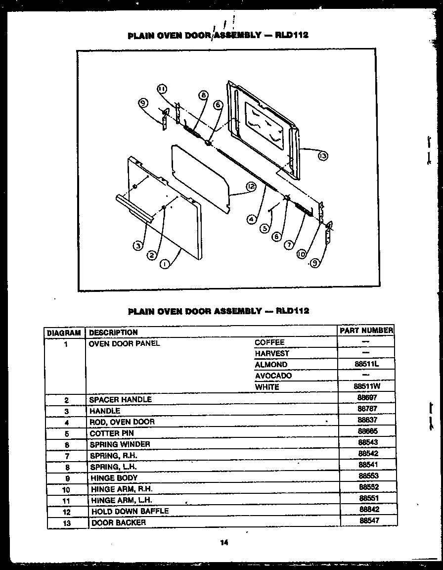 Caloric RLD351 plain oven door (rld112) diagram