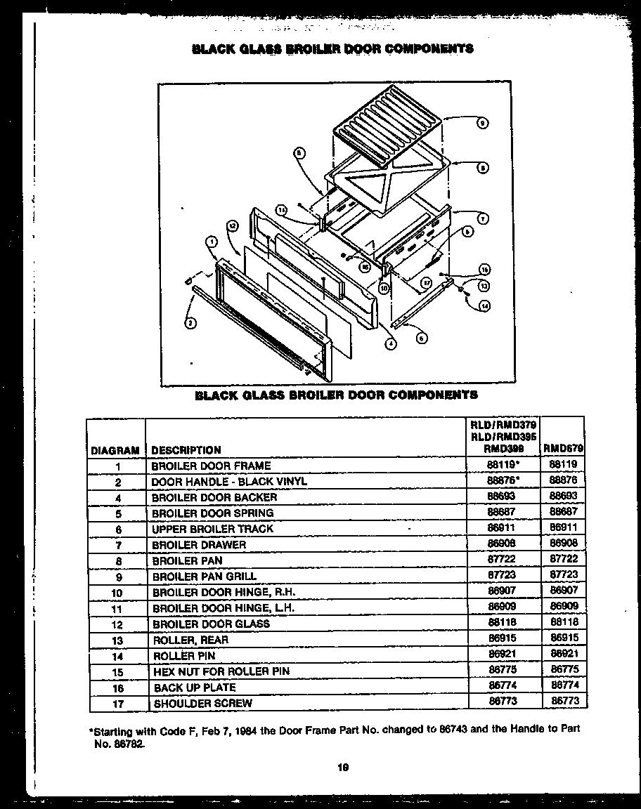 Caloric RMD679 black glass broiler door components (rld379) (rmd379) (rmd679) diagram