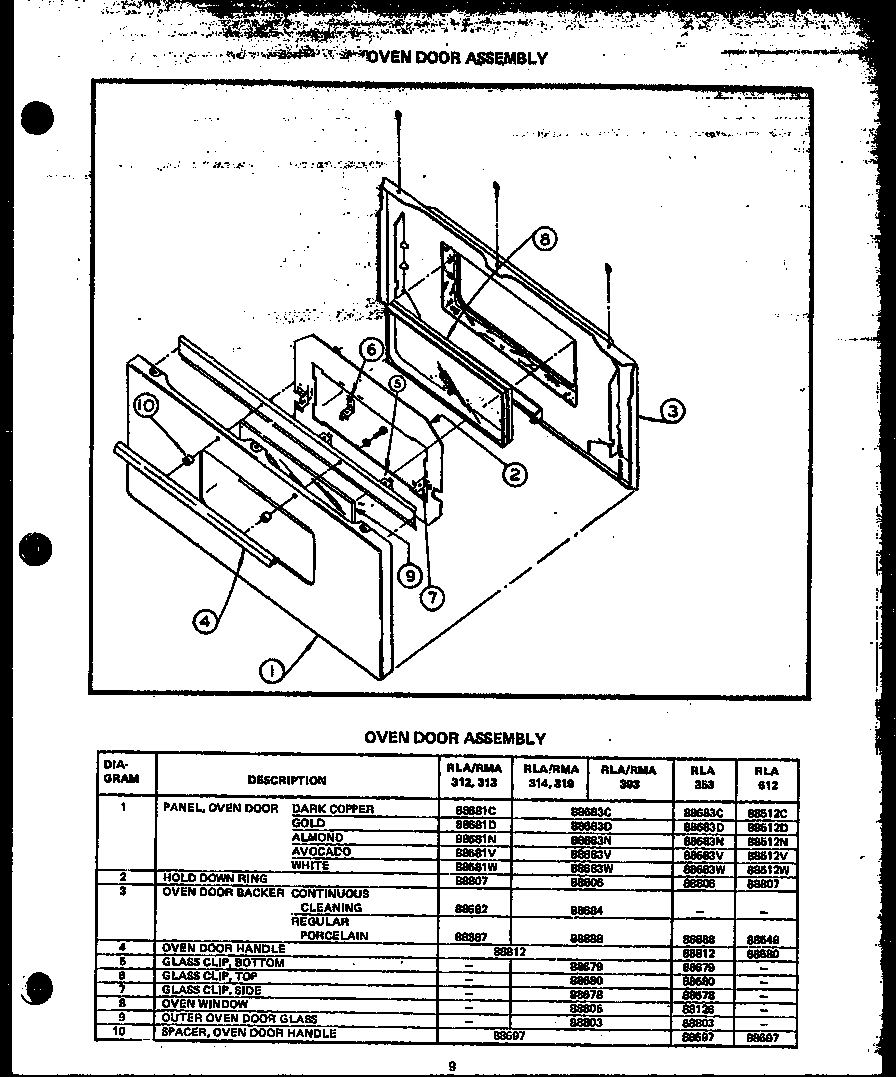 Caloric RMA339 oven door assembly (rla312) (rma312) (rla313) (rma313) (rla314) (rma314) (rla319) (rma319) (rla393) (rma393) (rla612) diagram