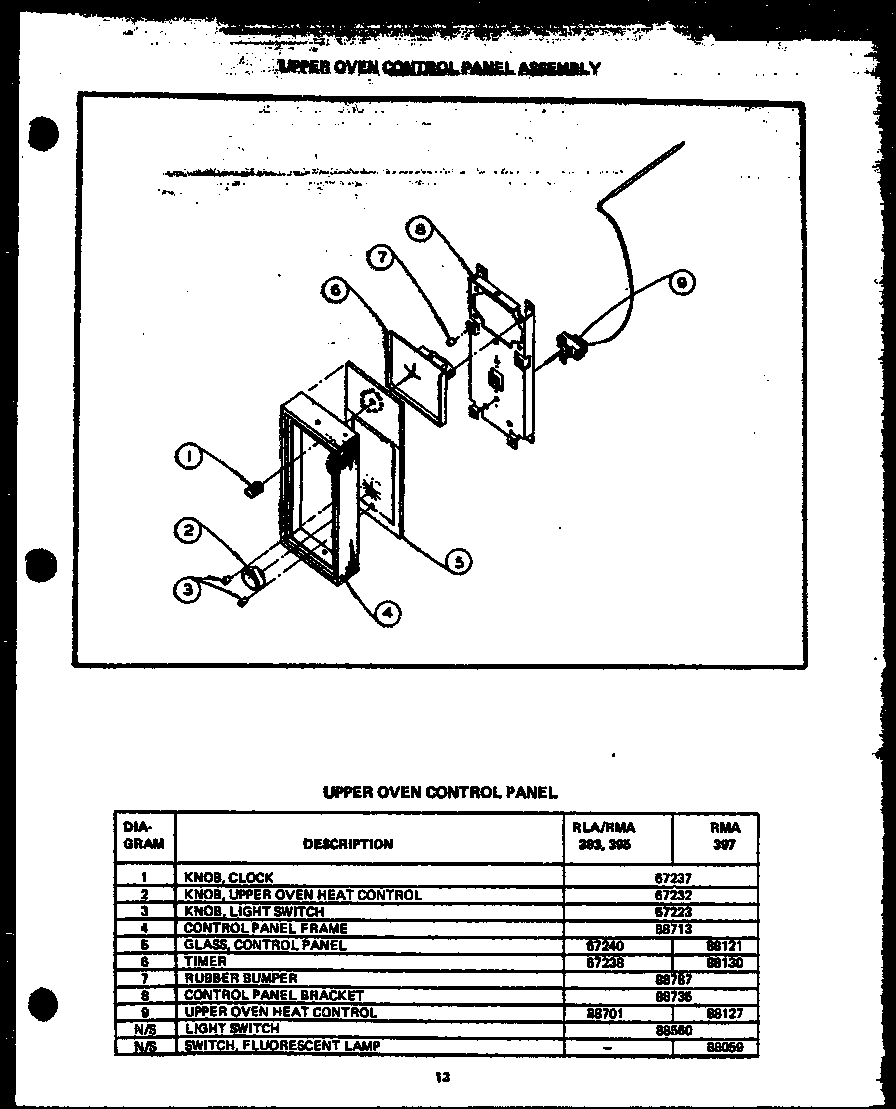 Caloric RMA339 upper oven control panel assembly (rla393) (rma393) (rla395) (rma395) (rma397) diagram