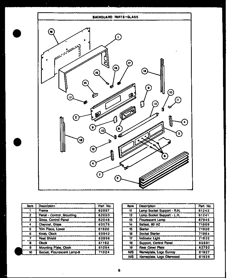 Amana SAK26TC backguard parts-glass diagram