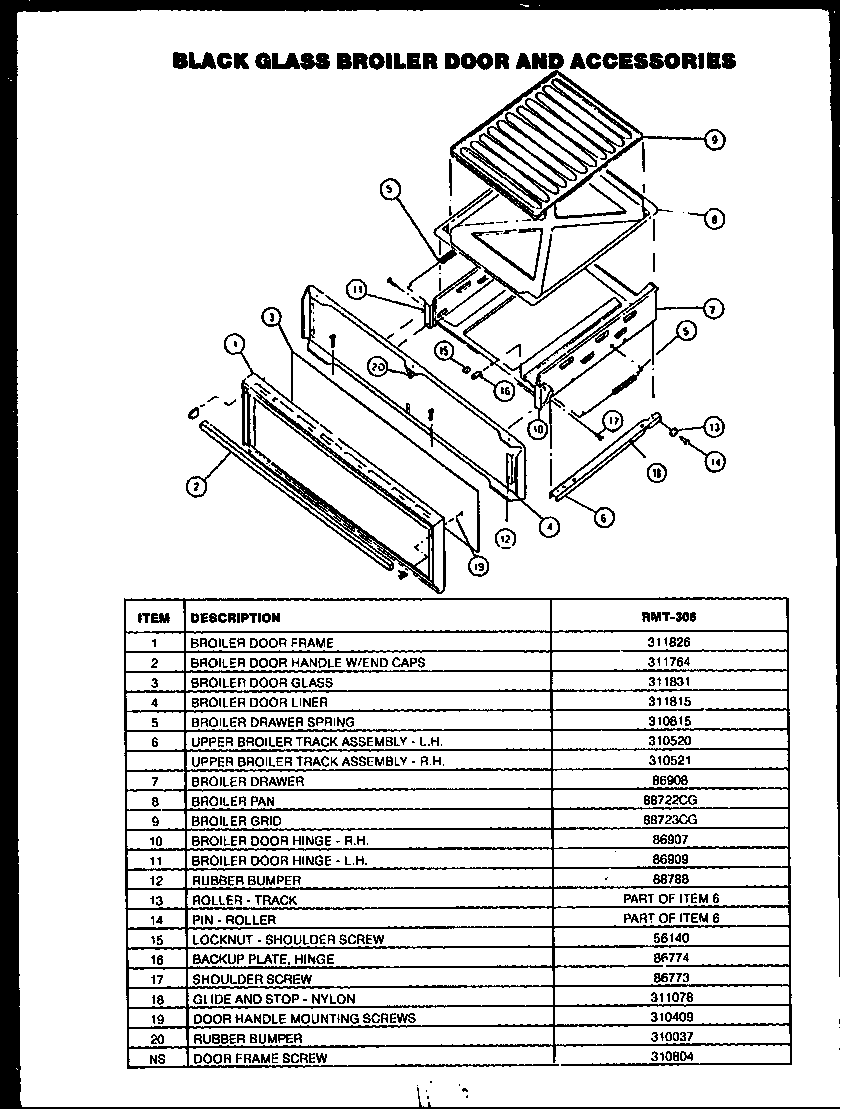 Caloric RLT-305 black glass broiler door and accessories (rmt-306) diagram