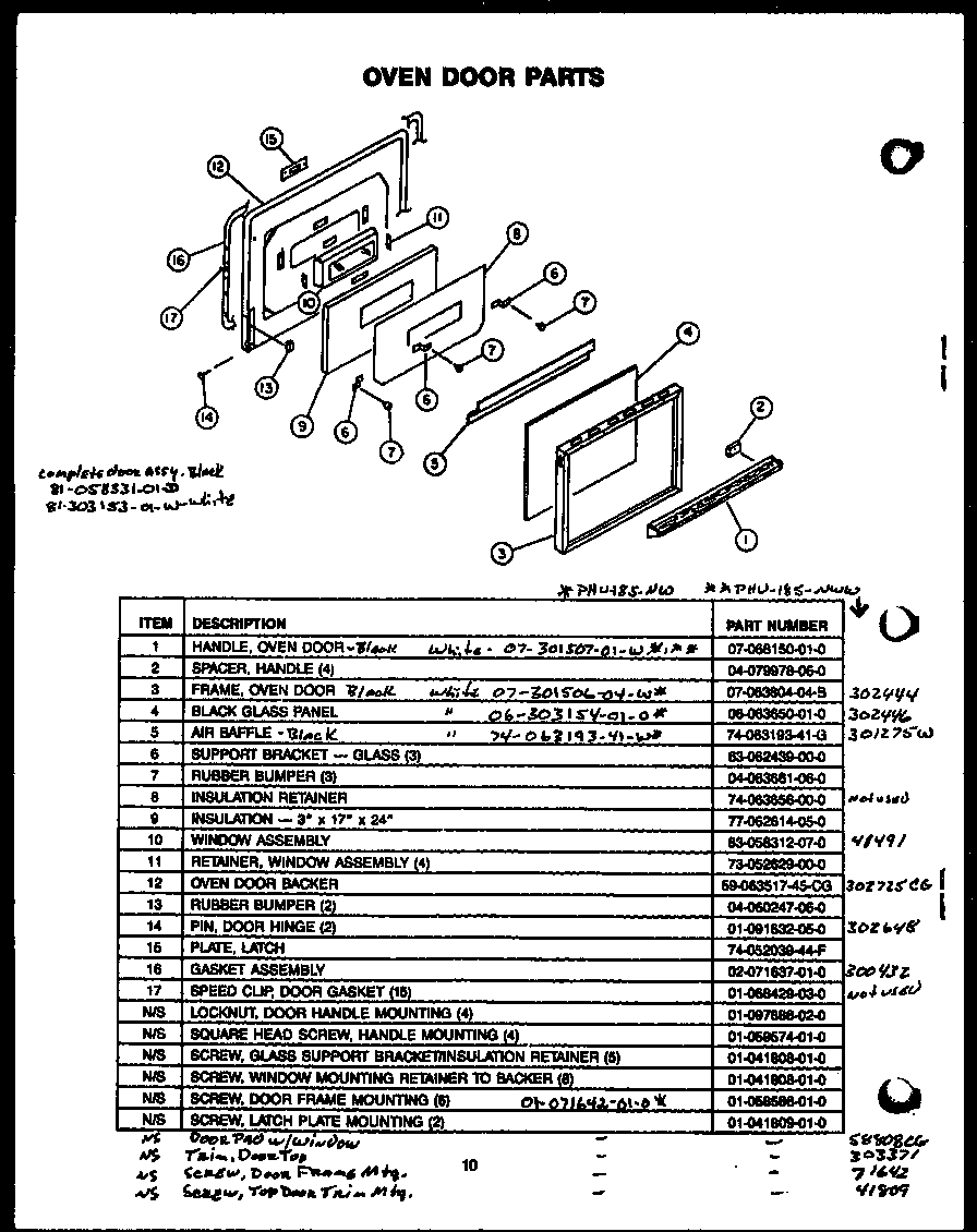 Modern Maid PHU185NWW oven door parts diagram