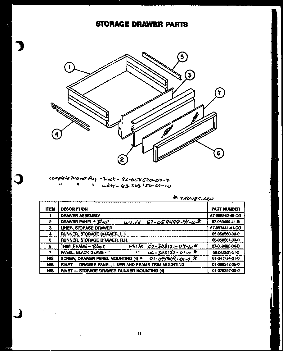 Modern Maid PHU185NWW storage drawer parts diagram