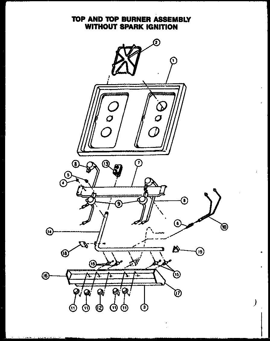 Caloric RLS359-OF top and top burner assembly without spark ignition (rls342-of) (rms342-of) (rls312-of) (rls340-of) diagram