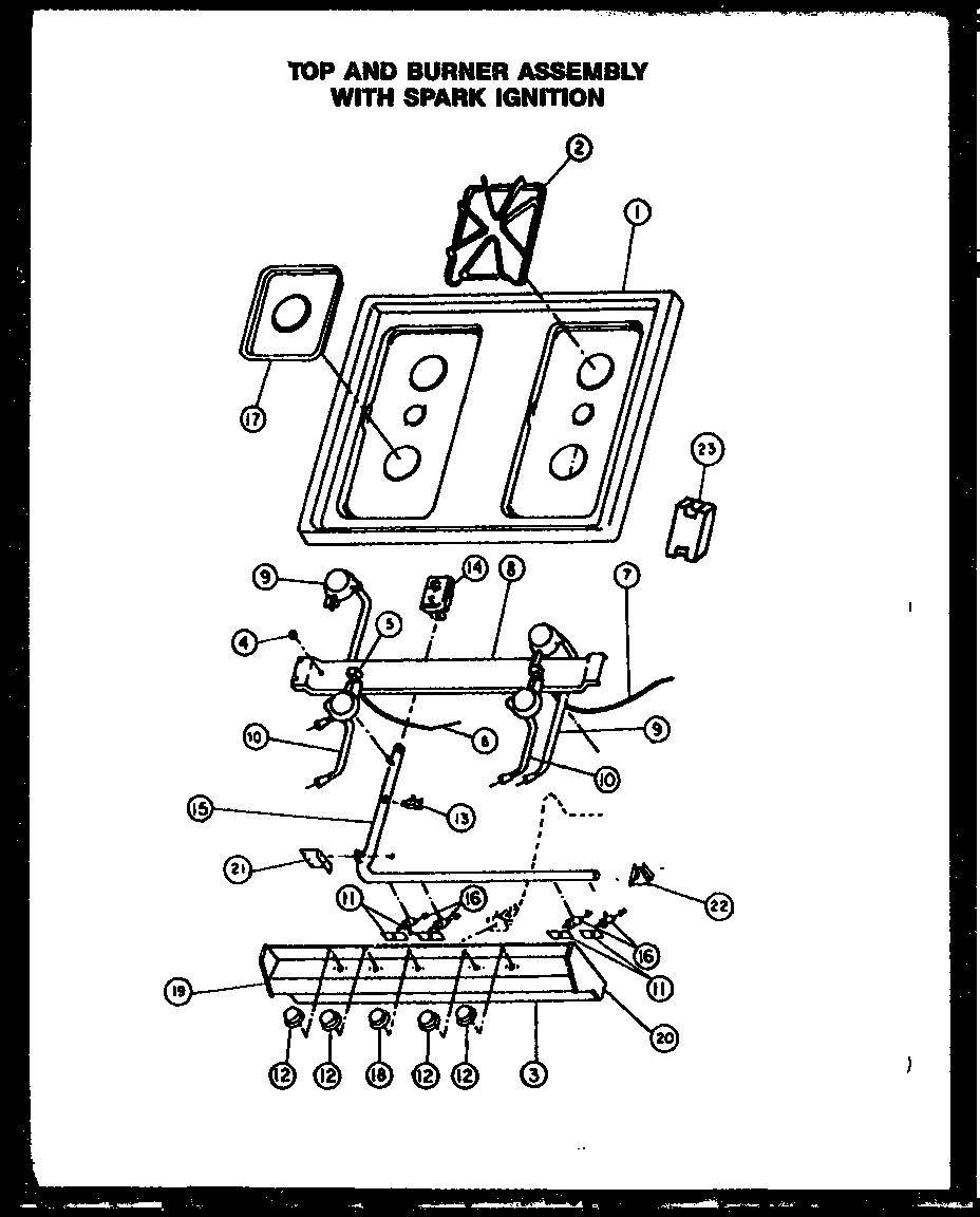 Caloric RLS359-OF top and burner assembly with spark ignition (rls313-of) (rls345-of) (rls357-of) (rms357-of) (rms361-of) (rls358-of) (rls359-of) (rms359-of) diagram
