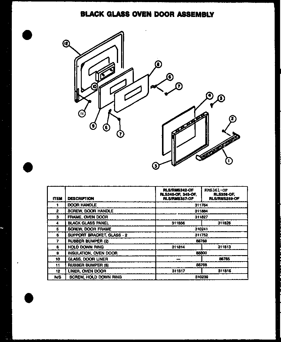 Caloric RLS359-OF black glass oven door assembly (rls342-of) (rms342-of) (rls340-of) (rls345-of) (rls357-of) (rms357-of) (rms361-of) (rls358-of) (rls359-of) (rms359-of) diagram