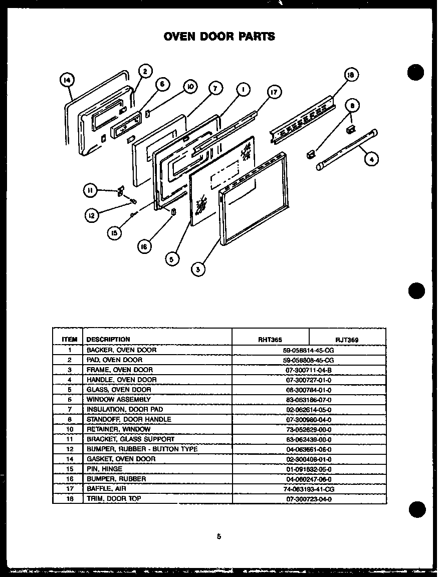 Caloric RHT365 oven door parts diagram