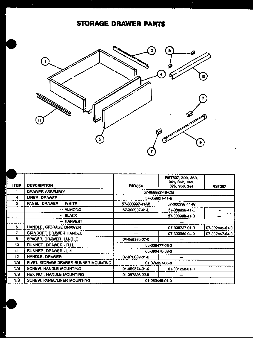 Caloric RST387 storage drawer parts diagram