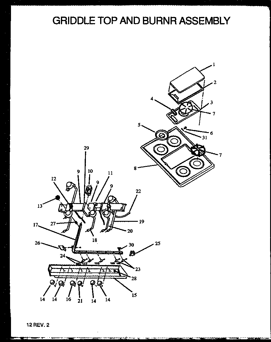 Caloric RBK26AAW-P1142345NW griddle top and burner assembly (rbk28fgw/p1142379nw) (rbk28fgl/p1142379nl) diagram