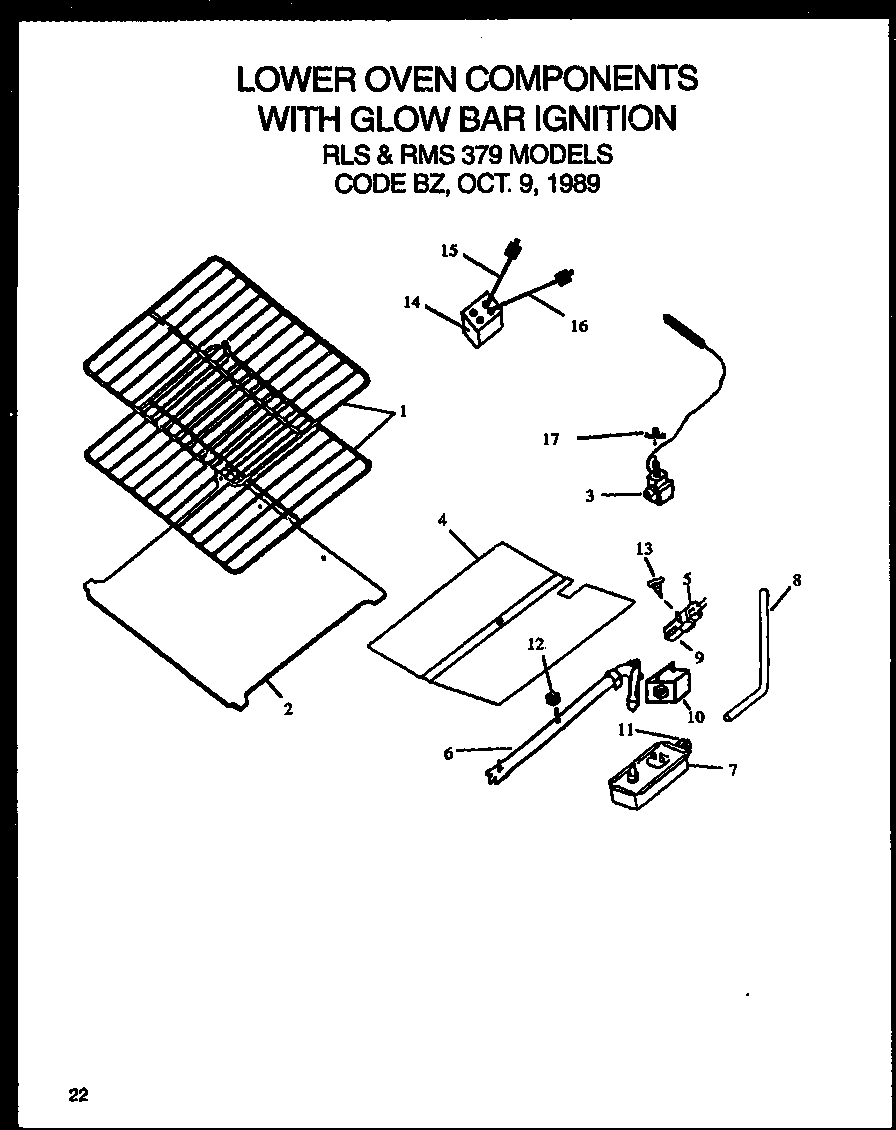 Caloric RMS345 lower oven components with glow bar ignition diagram