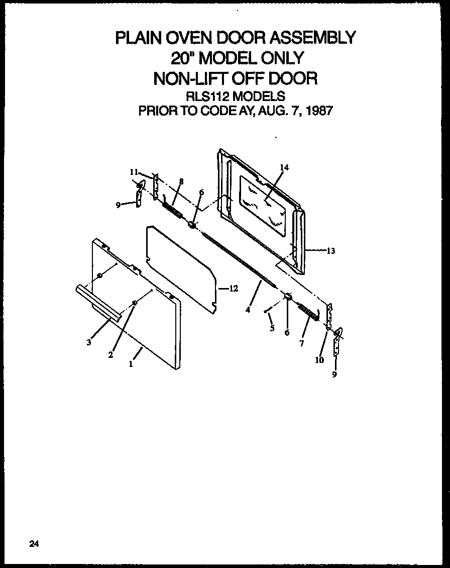 Caloric RMS345 plain oven door assembly 20" model only non-lift off door (rls112) diagram