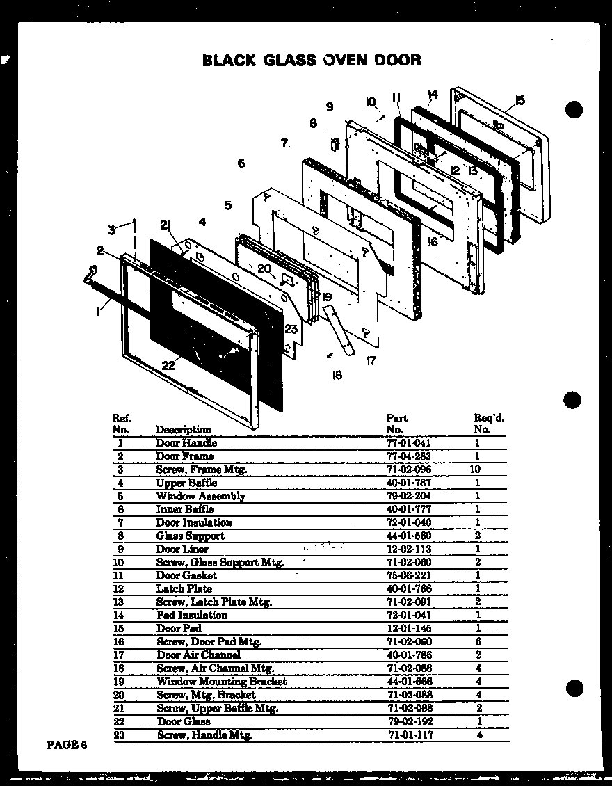 Modern Maid QDO-695F black glass oven door diagram