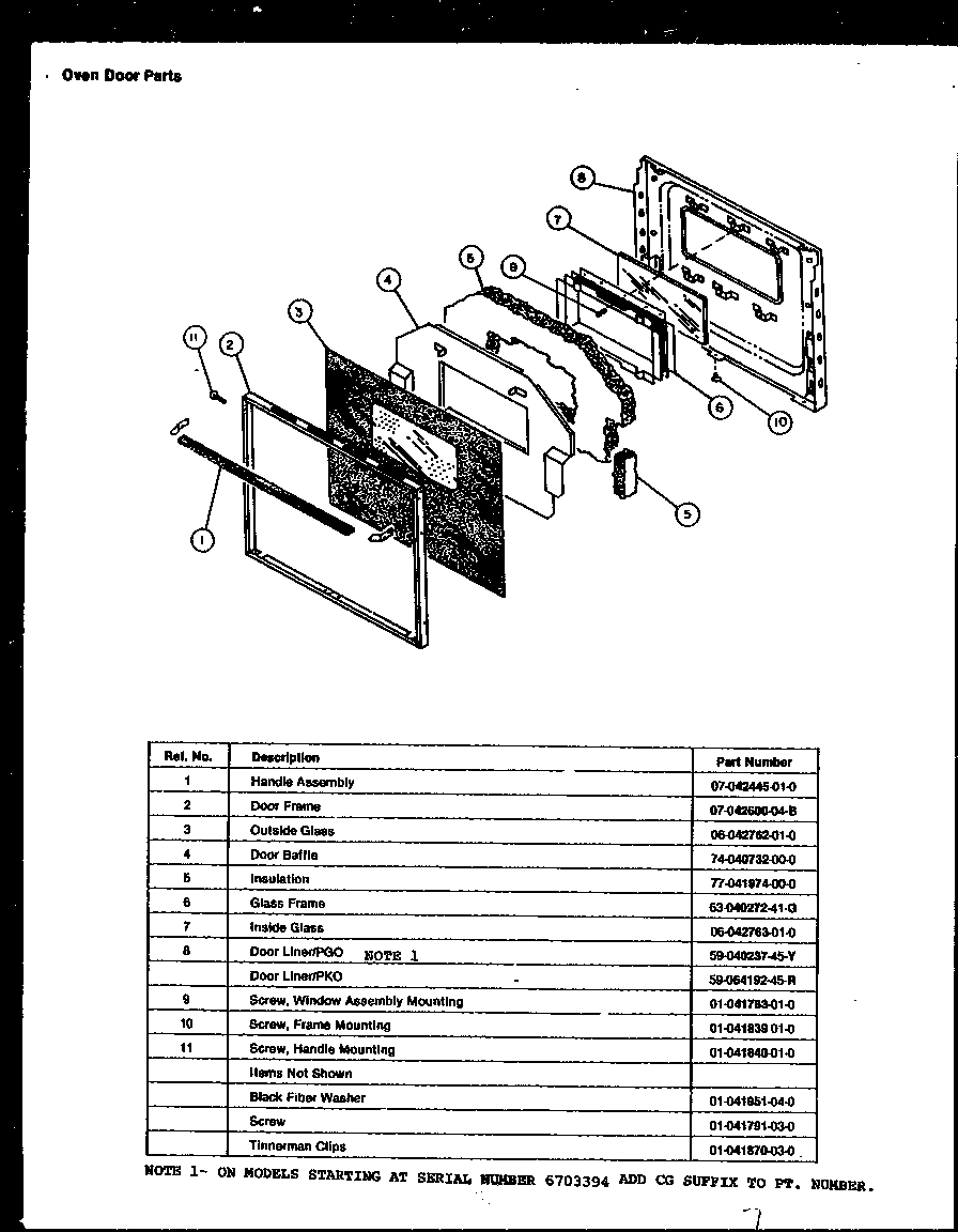 Modern Maid PGO191 oven door parts diagram