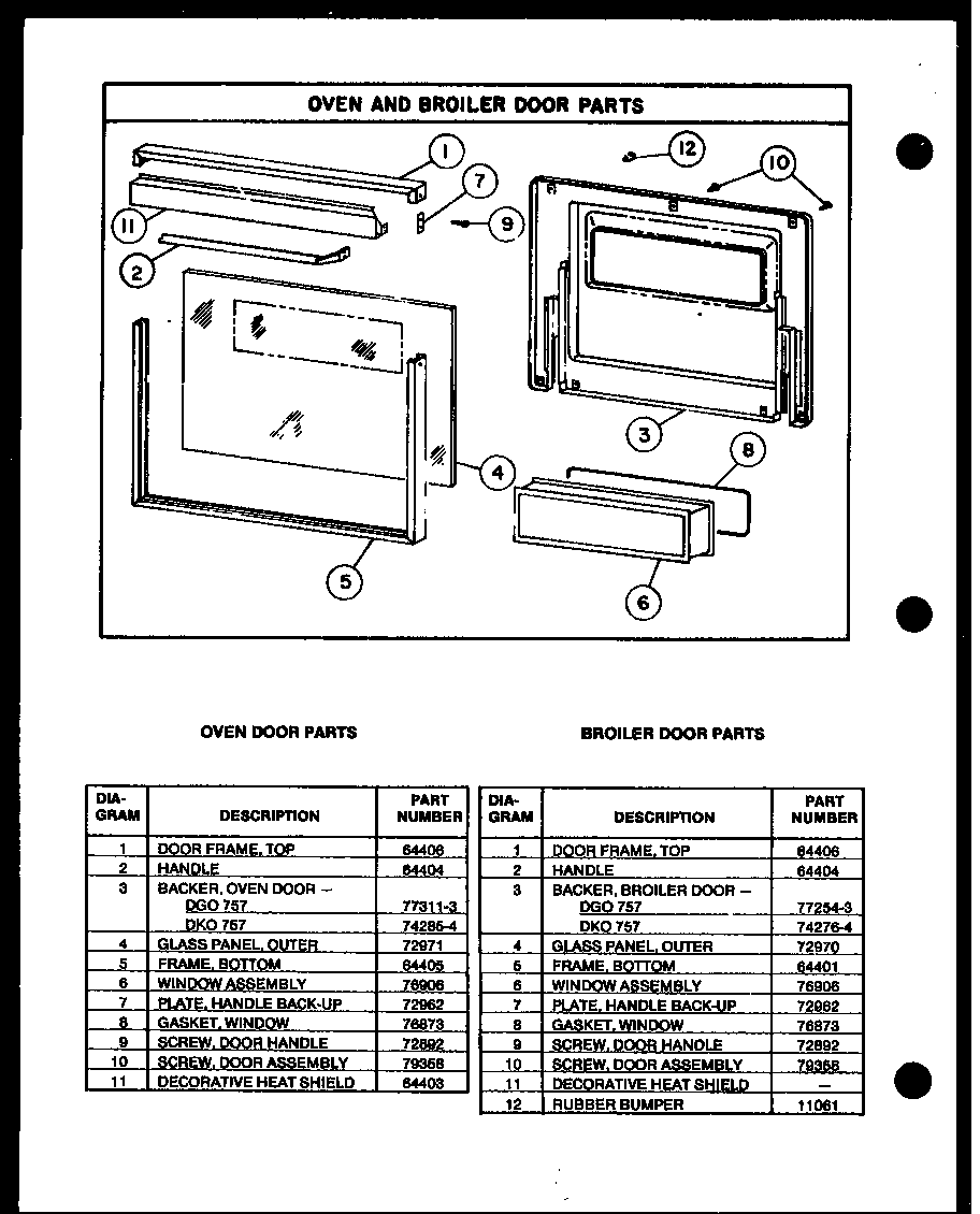 Modern Maid DGO757 oven and broiler door parts diagram