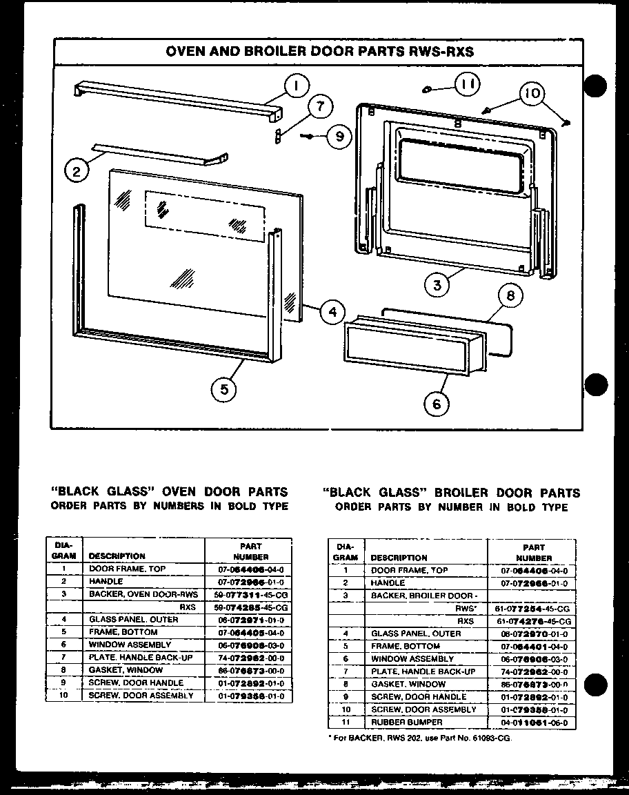 Caloric RXS212 oven and broiler door parts rws-rxs diagram