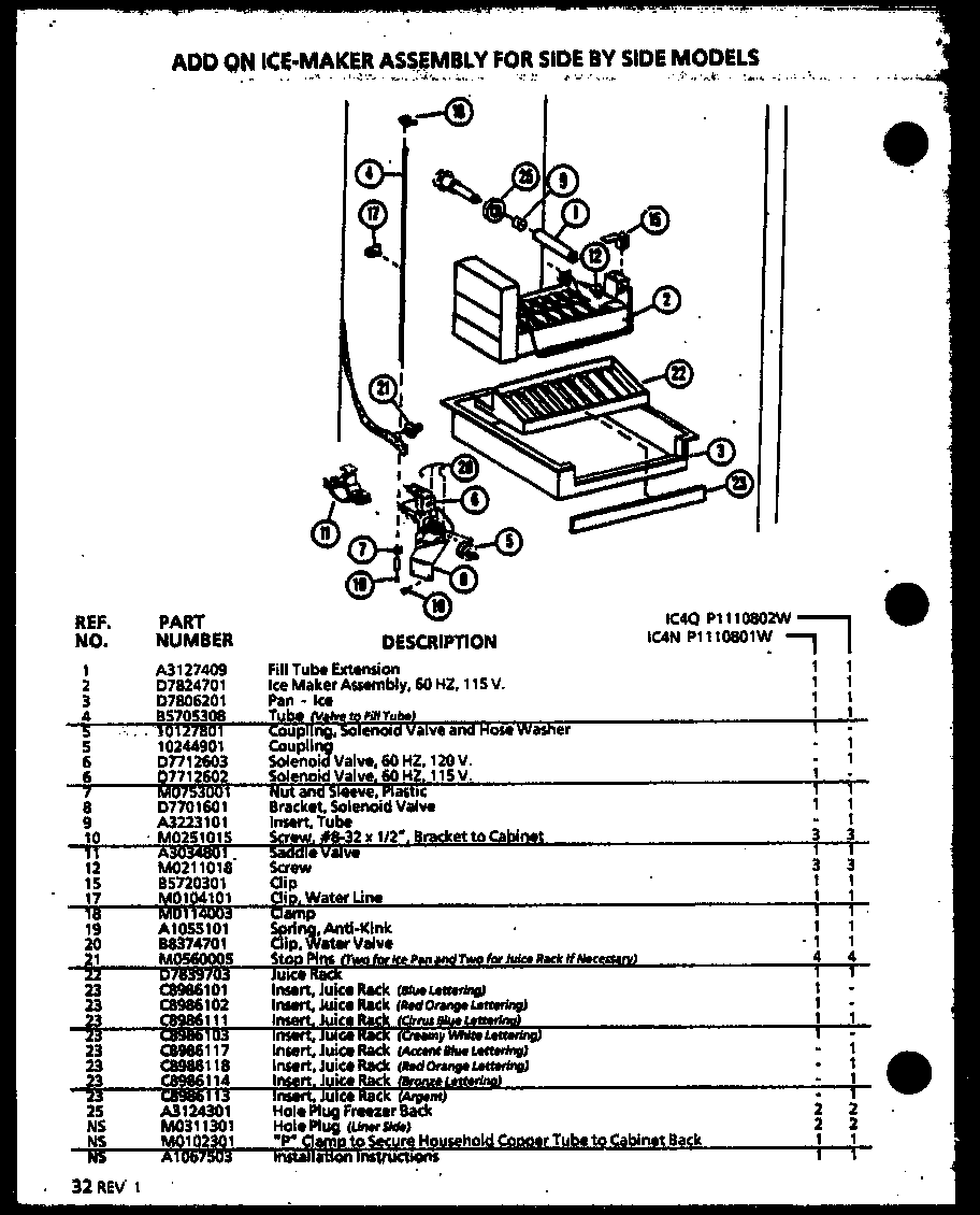 Amana SX19MW-P1121302WW add on ice-maker assembly for side by side models (ic4n/p1110801w) diagram