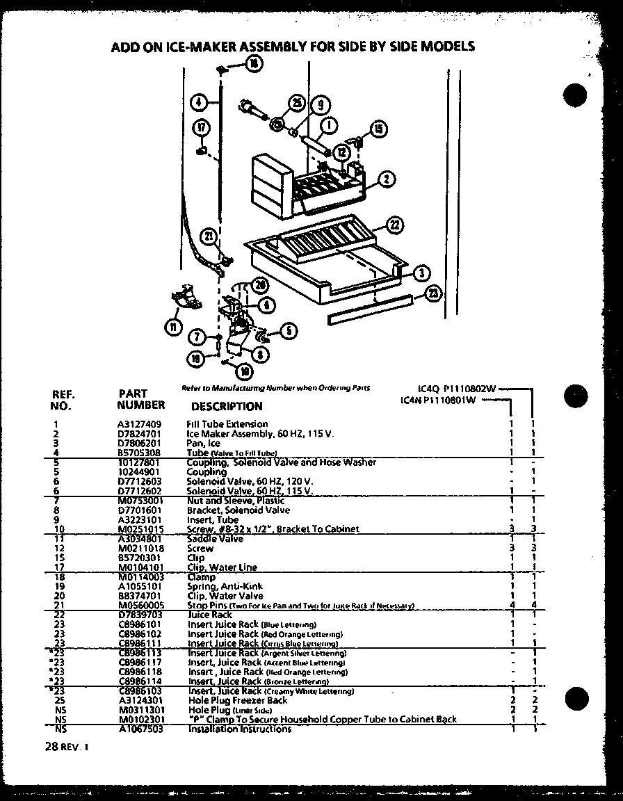 Amana 36531W-P1121902WW add on ice-maker assembly for side by side models (ic4n/p1110801w) diagram