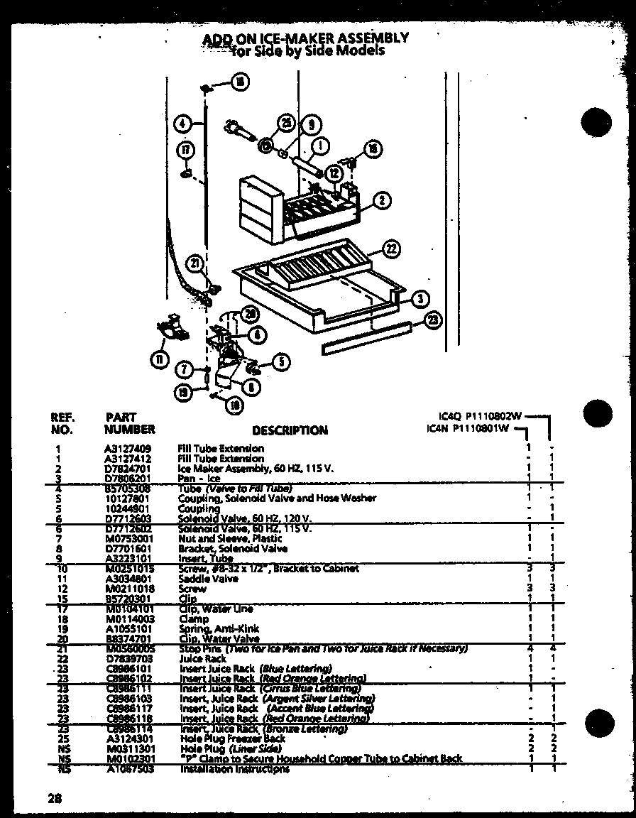 Amana SZ25ML-P1120709WL add on ice-maker assembly for side by side models (ic4n/p1110801w) diagram