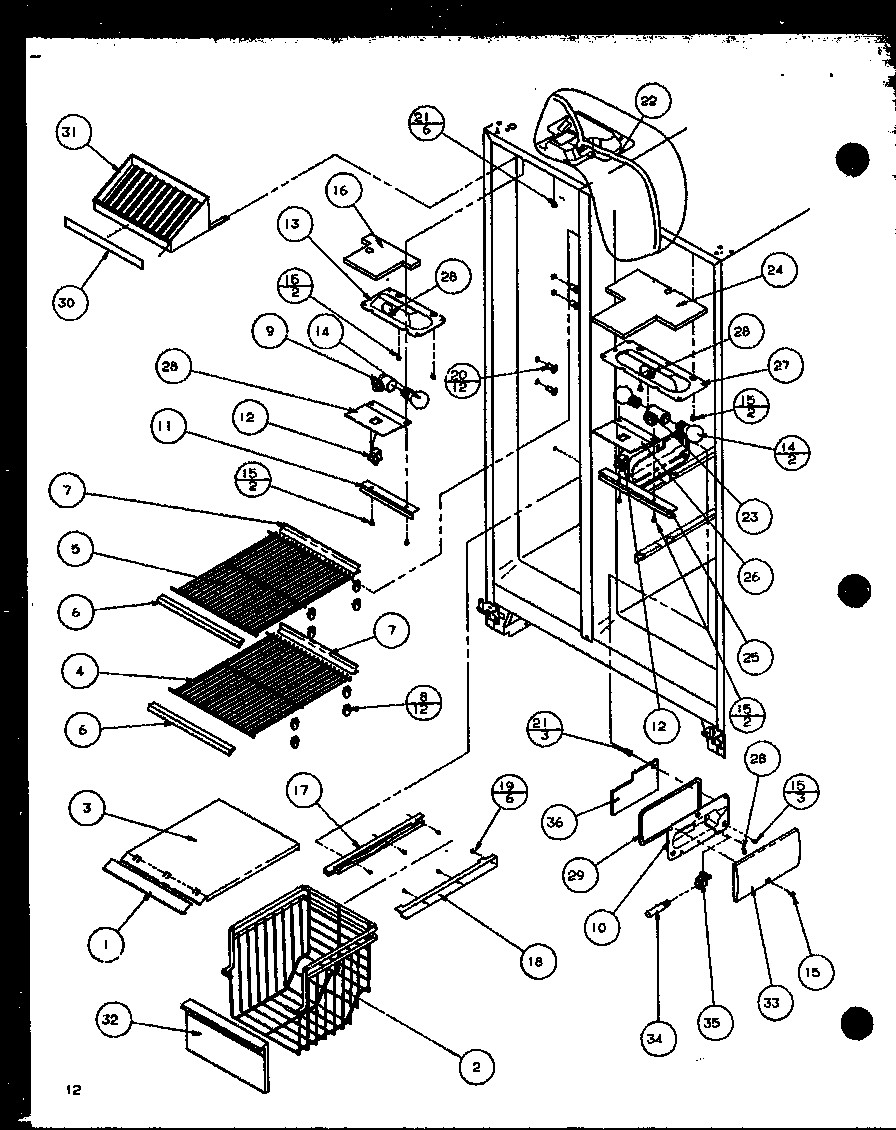 Amana 36048L-P1122102WL freezer shelving and refrigerator light diagram