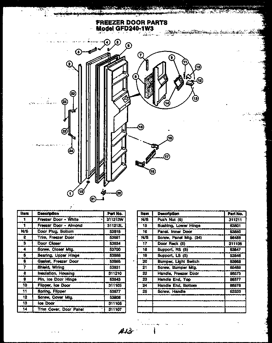 Caloric GFD240-1L3 freezer door diagram
