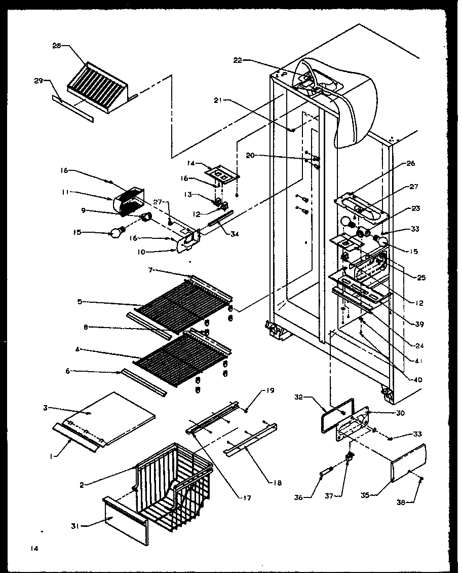 Amana SQD20NBW-P1162507WW freezer shelving and refrigerator light diagram