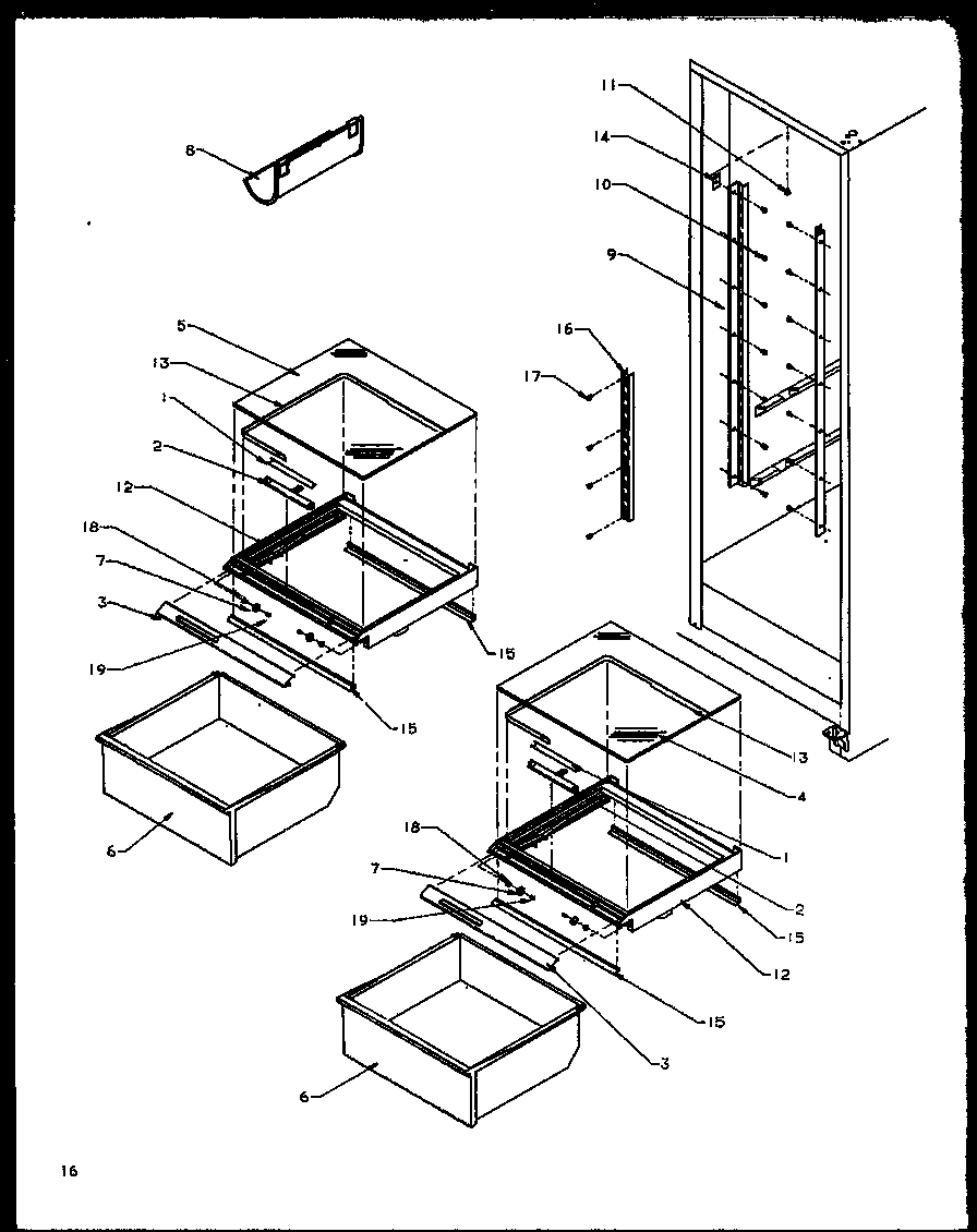 Amana SQD20NBW-P1162507WW refrigerator shelving and drawers diagram