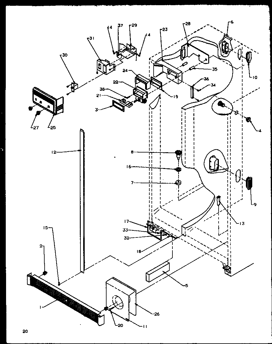 Amana SQD20NBW-P1162507WW refrigerator/freezer controls and cabinet parts diagram