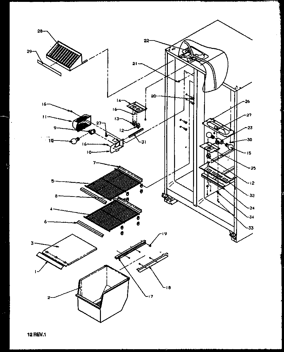 Amana 2599CIWEL-P1170601WL freezer shelving and refrigerator light diagram