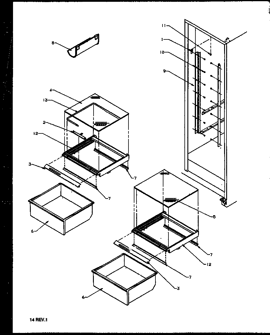 Amana 2599CIWEL-P1170601WL refrigerator shelving and drawers diagram
