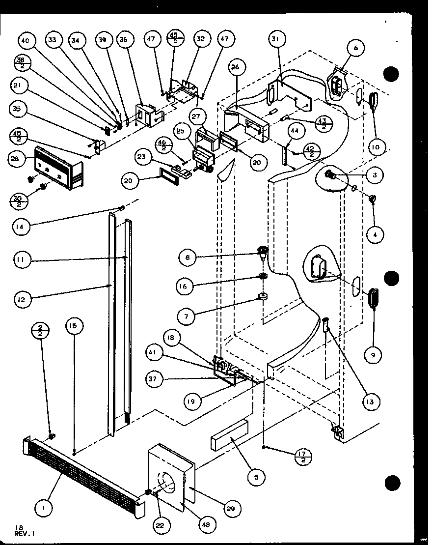 Amana SXD25J-P1104002W refrigerator/freezer controls and cabinet part (sxd25j/p1104001w) (sxd25jb/p1104003w) (sxd25jp/p1104005w) diagram