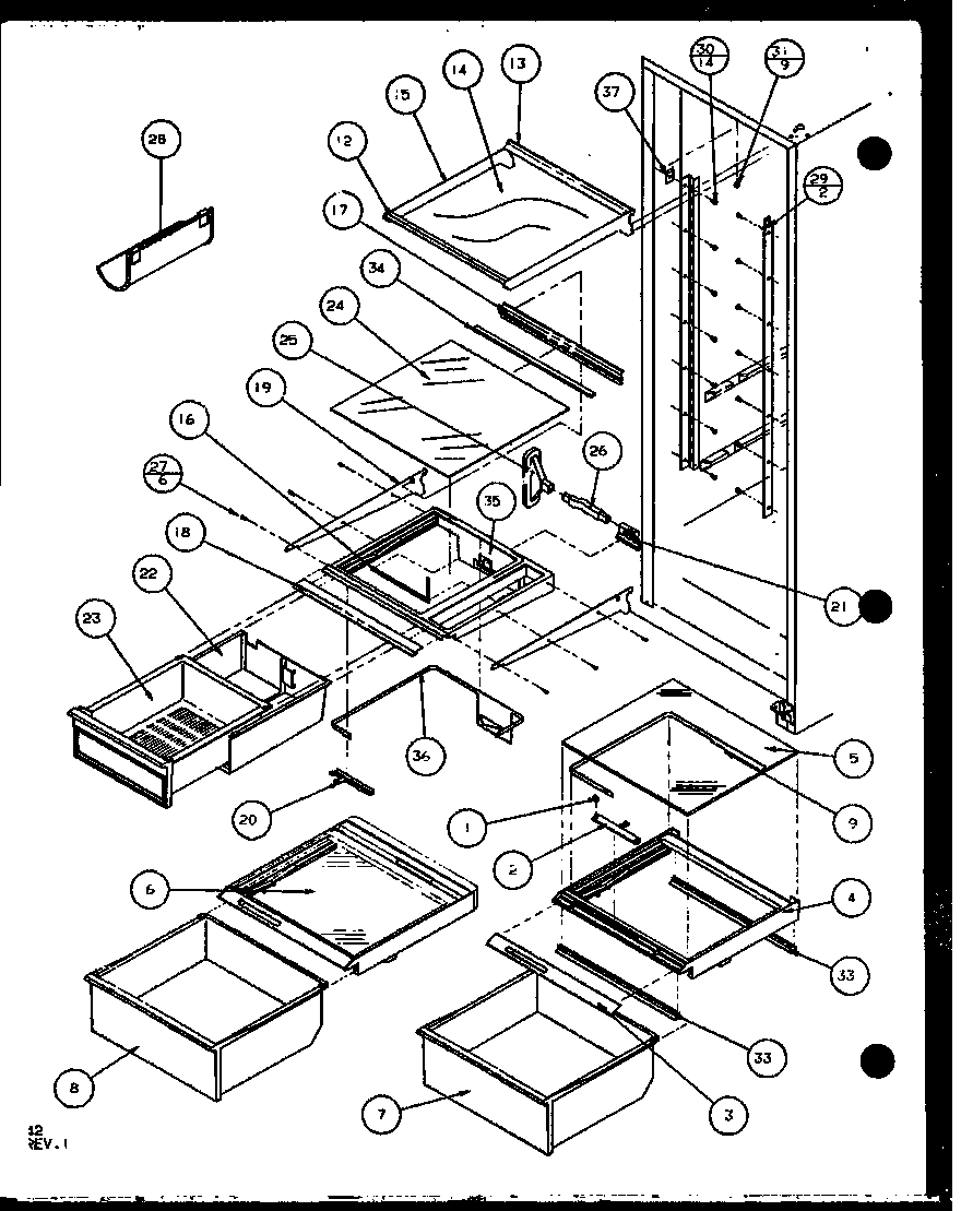 Amana SXD25J-P1104002W refrigerator shelving and drawers (sxd25j/p1104002w) (sxd25jb/p1104004w) (sxd25jp/p1104006w) diagram