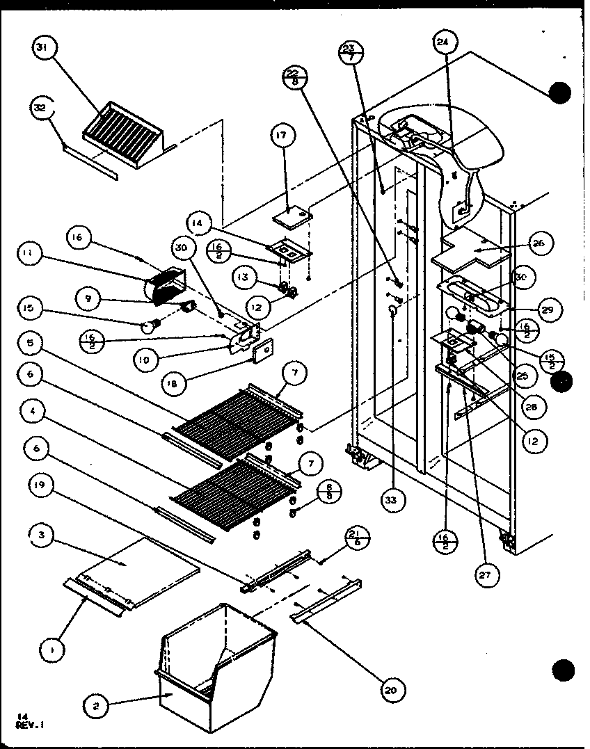 Amana SCD25JB-P1104015W freezer shelving and refrigerator light (scd25j/p1104013w) (scd25jb/p1104015w) (scd25jp/p1104017w) diagram