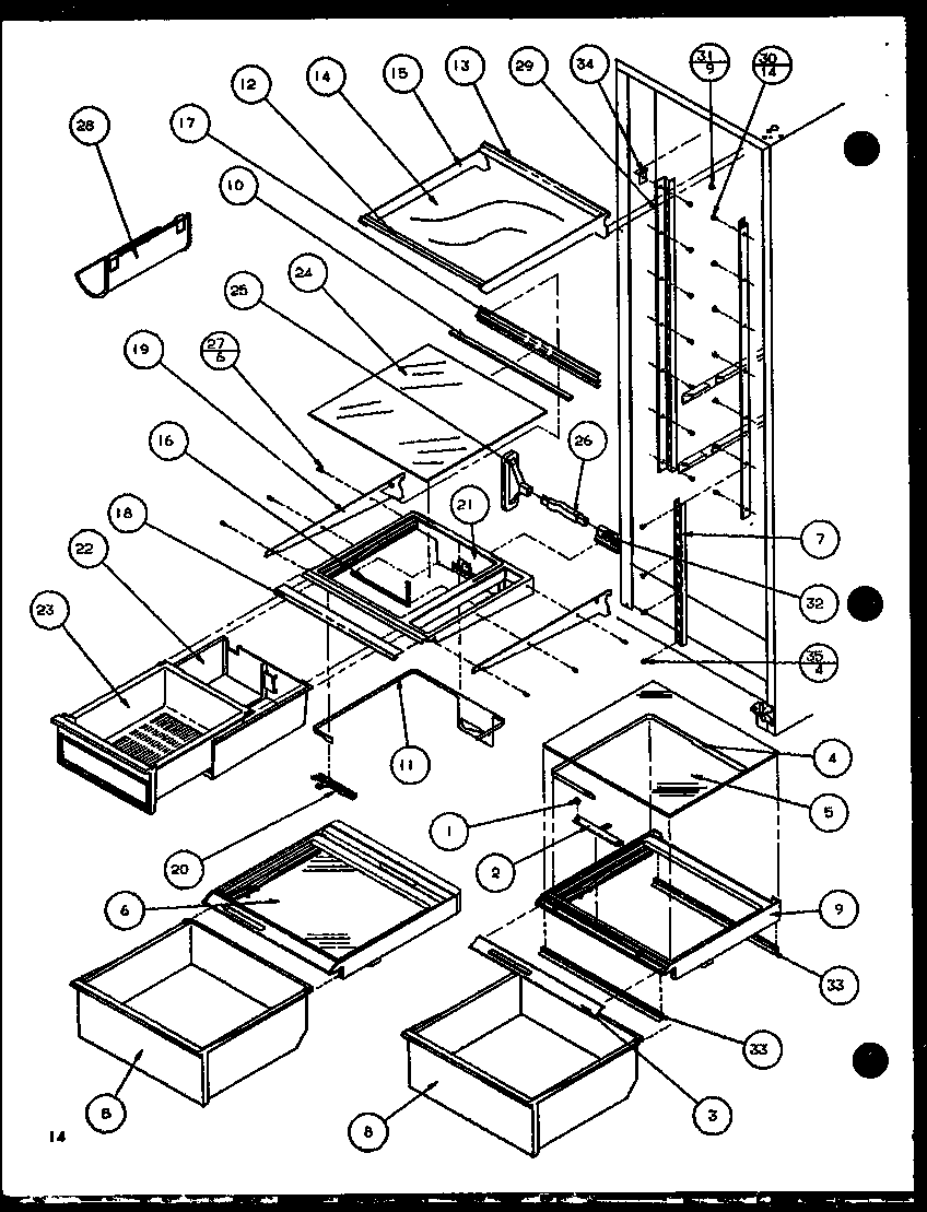 Amana SZDE25KB-P1102511W refrigerator shelving and drawers diagram