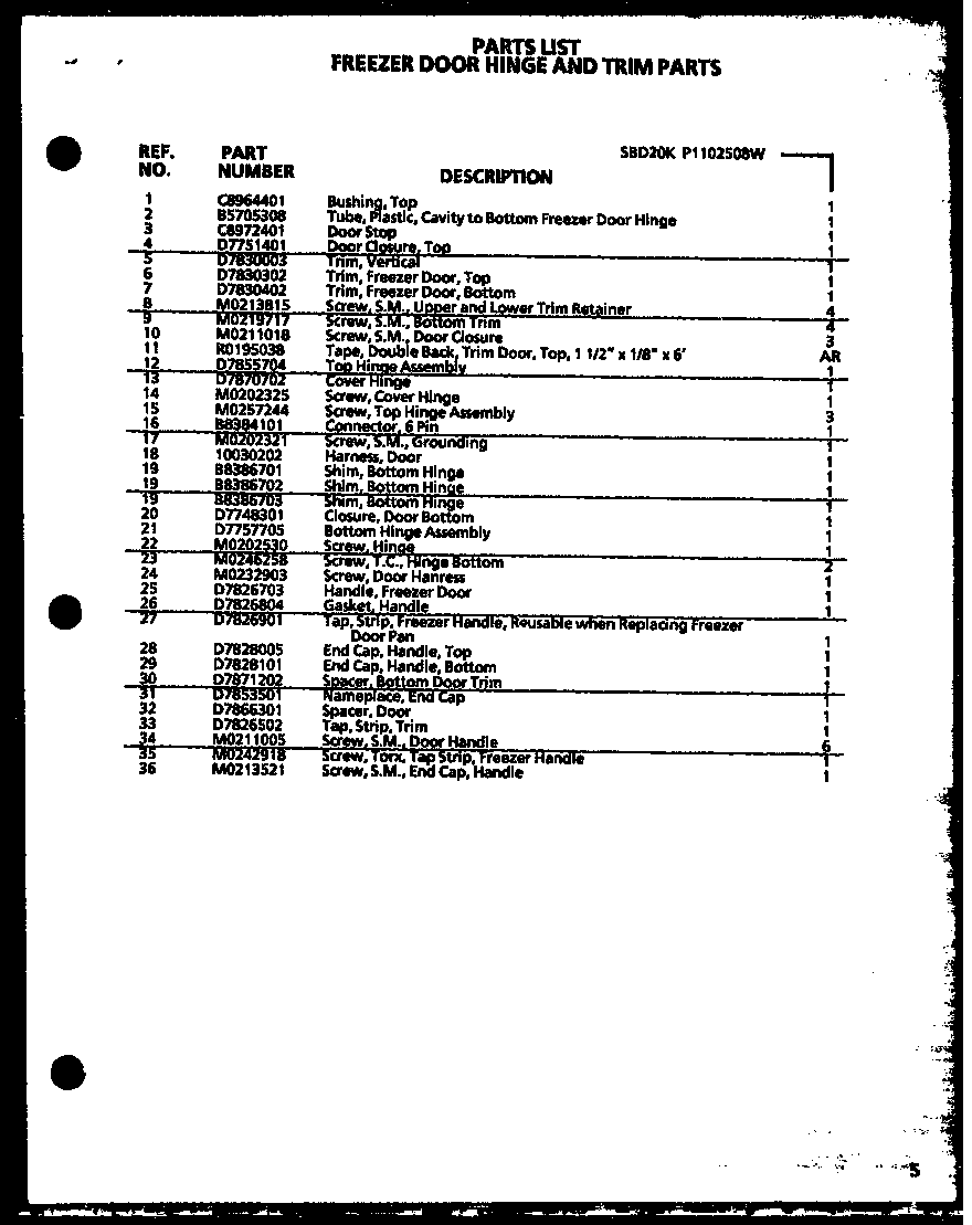 Amana SBD20K-P1102508W freezer door hinge and trim parts diagram