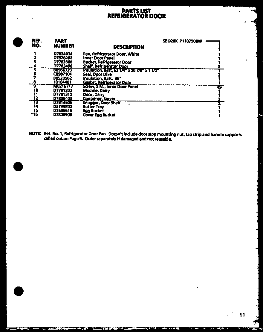 Amana SBD20K-P1102508W refrigerator door diagram