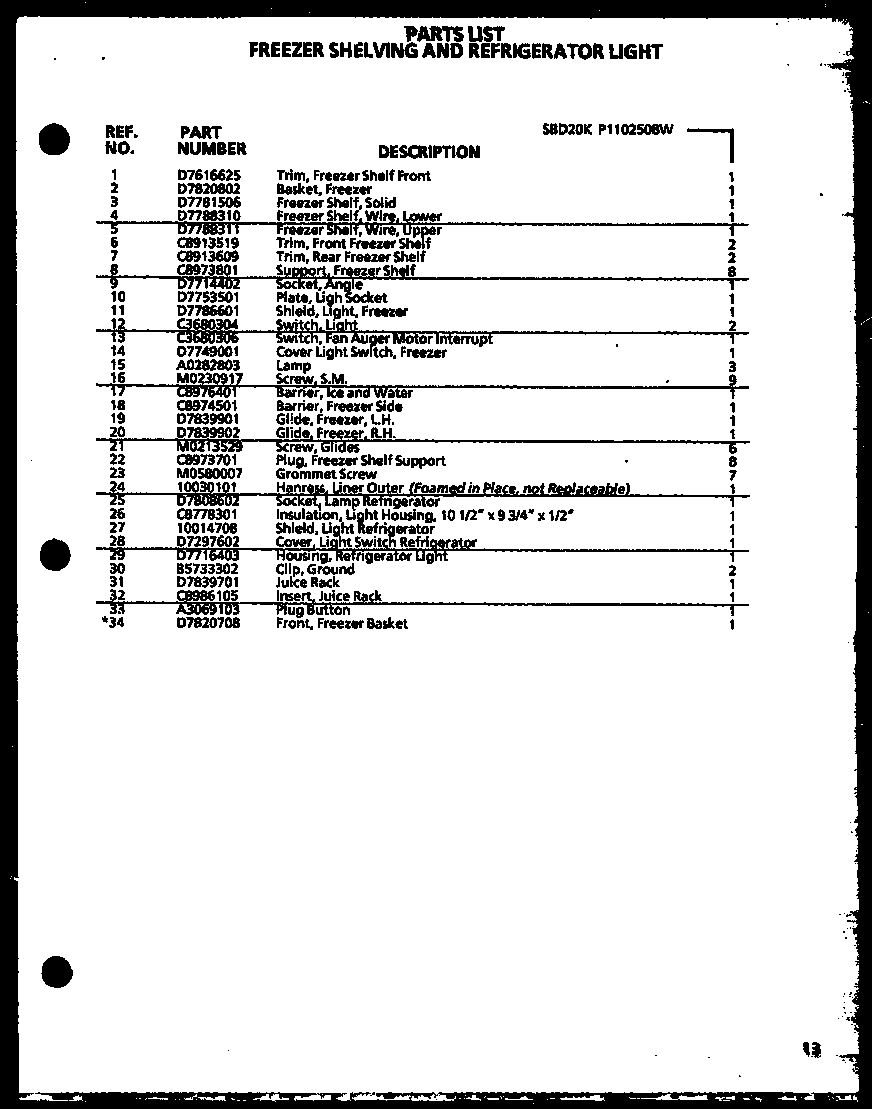Amana SBD20K-P1102508W freezer shelving and refrigerator light diagram