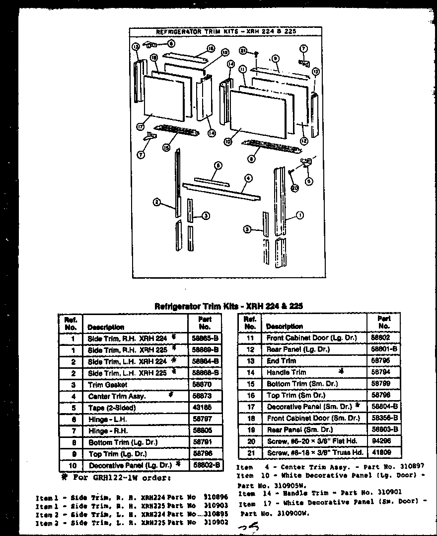 Caloric GRH122 refrigerator trim kits-xrh 224 & 225 diagram
