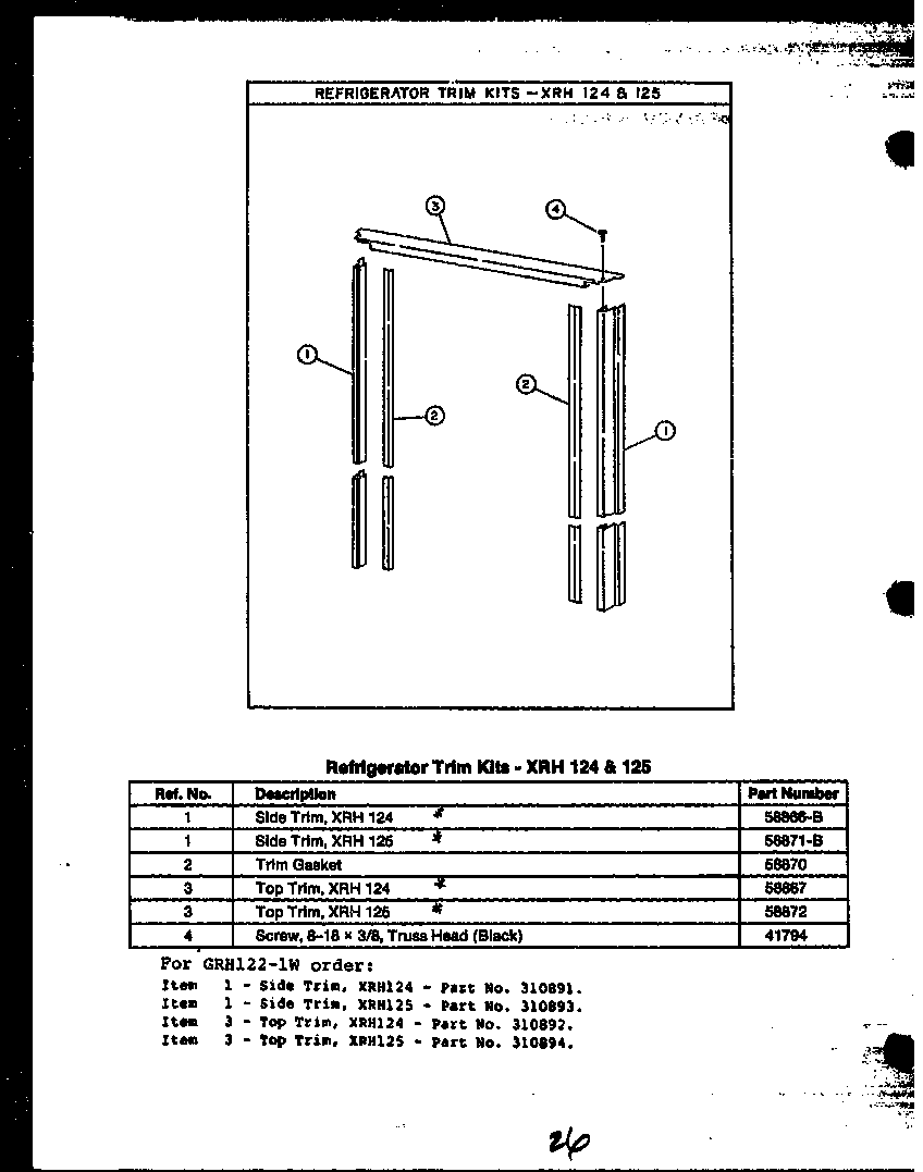 Caloric GRH122 refrigerator trim kits-xrh 124 & 125 diagram