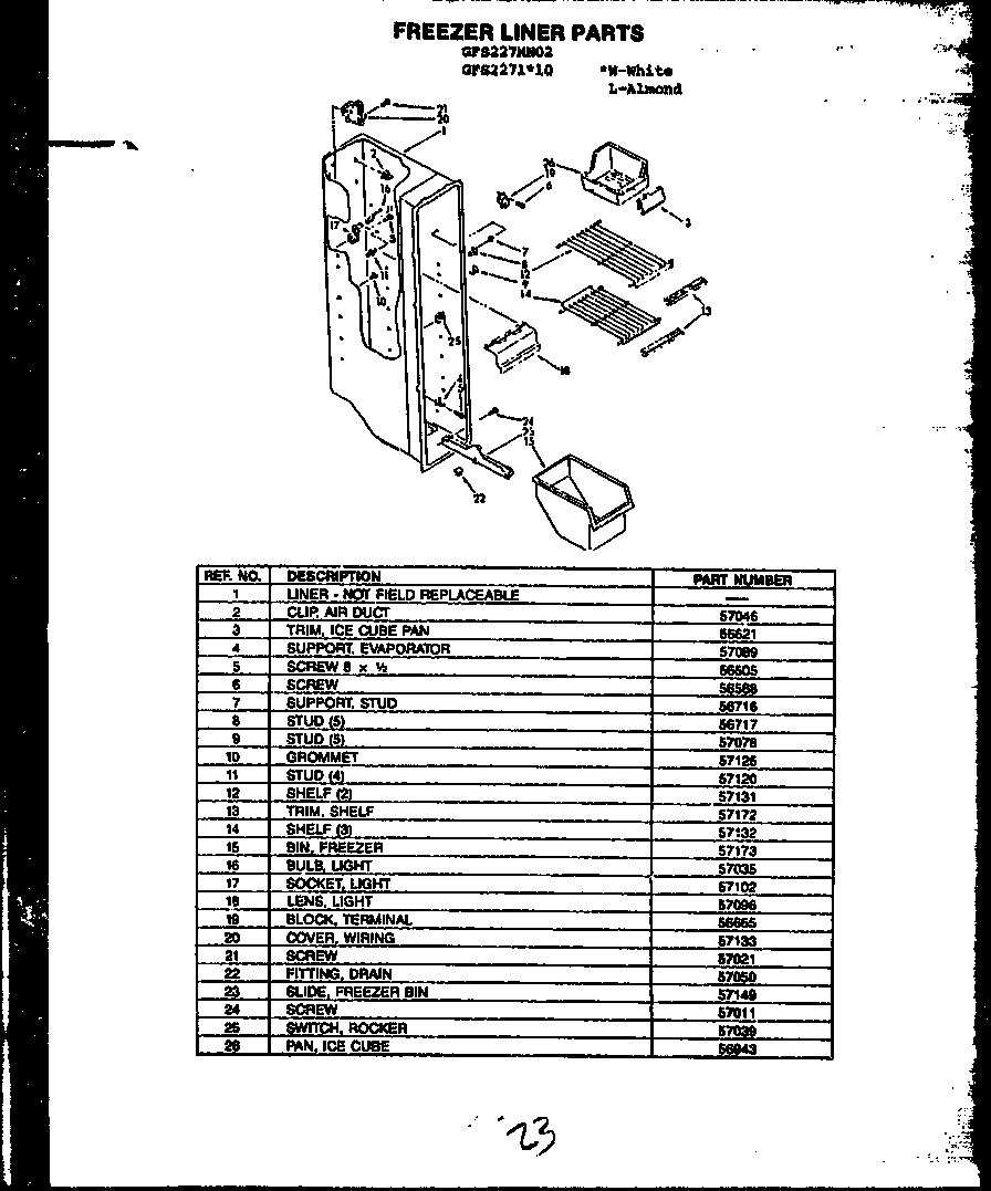 Caloric GFS2271W10/MN10 freezer liner parts (gfs227/mn02) (gfs2271l10/mn10) (gfs2271w10/mn10) diagram